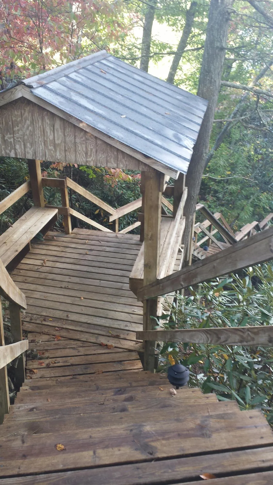 Metal roofed shelter over wooden steps on a wooded walkway — Skylight Repair & Installation work by our crew in Tekoa